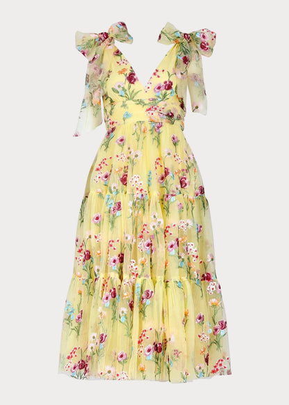 Margaret Floral Embroidered Midi Dress Yellow
